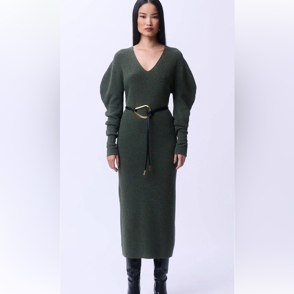 Karen Millen Alpaca Wool Blend Full Sleeve All Over Ribbed V Neck Knit Dress